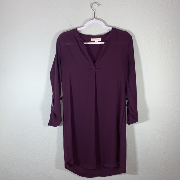Timing Purple Solid V Neck Roll tab Sleeves Shirt Dress size Medium - Picture 12 of 12